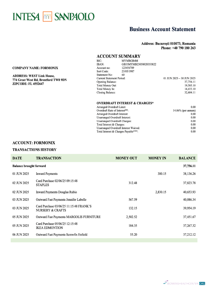 Download Romania Intesa Sanpaolo business account statement Word and PDF template Photoshop template
